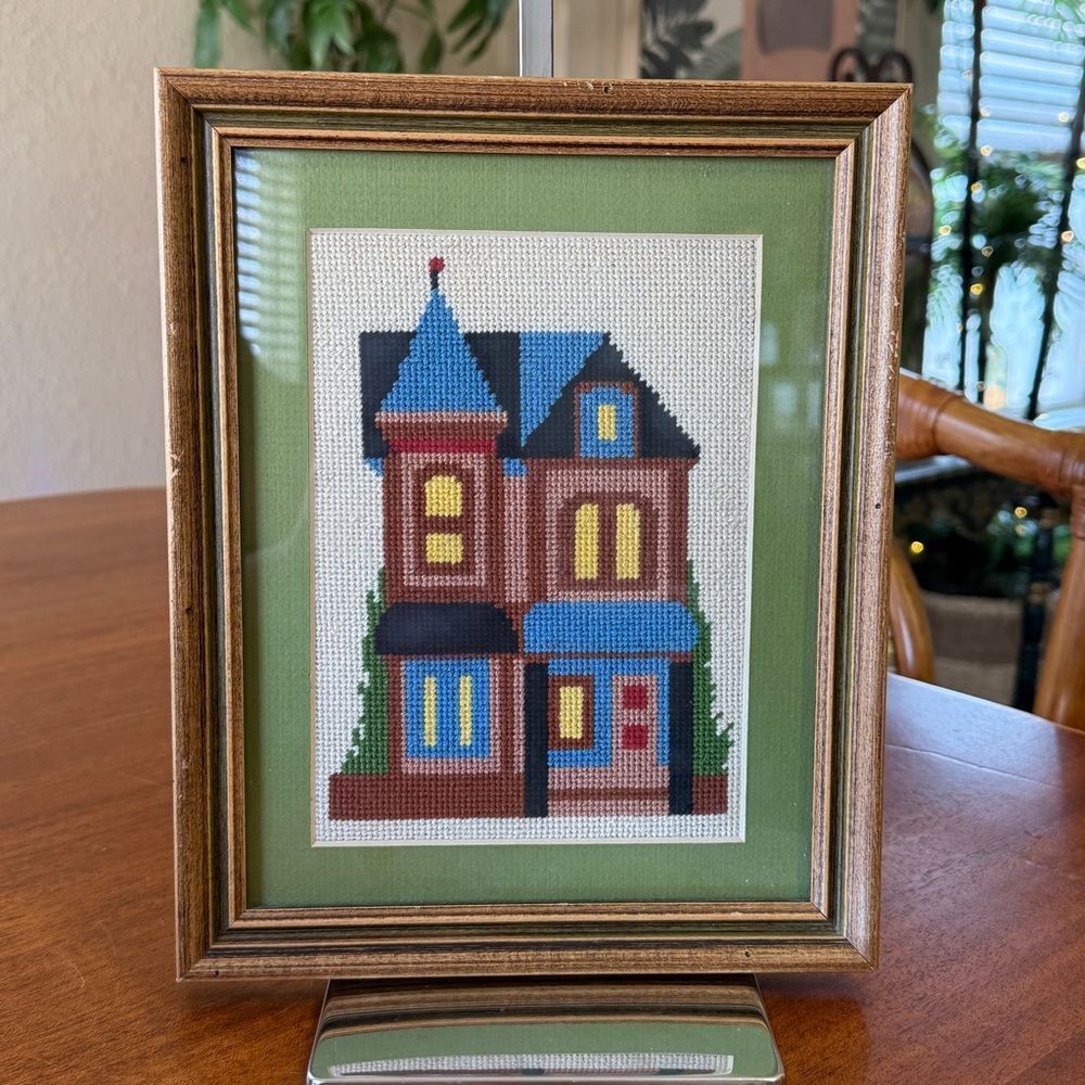 Vintage 70’s Framed Needlepoint House Art With Green Mat inside Brown Wood Frame - Picture 2 of 15